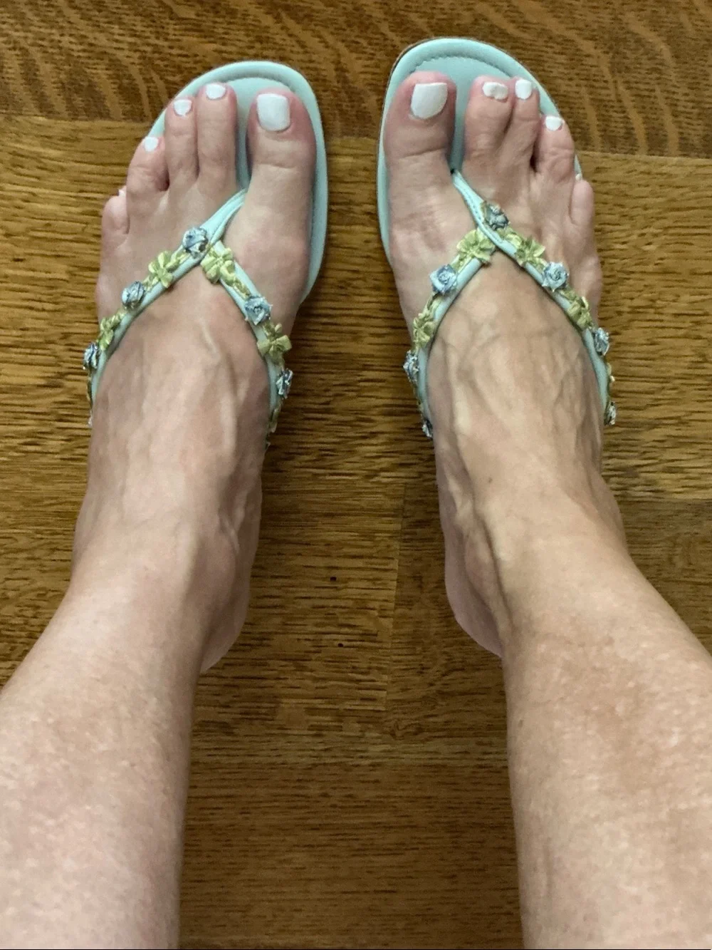 Vintage Manolo Blahnik Pale Blue Floral-Embellished Thong Sandals